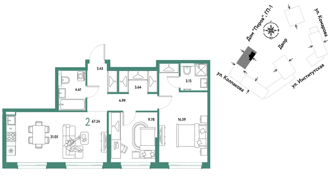 Планировка 2-комн. квартира, 67.24 м² ЖК «Страна.Парковая»