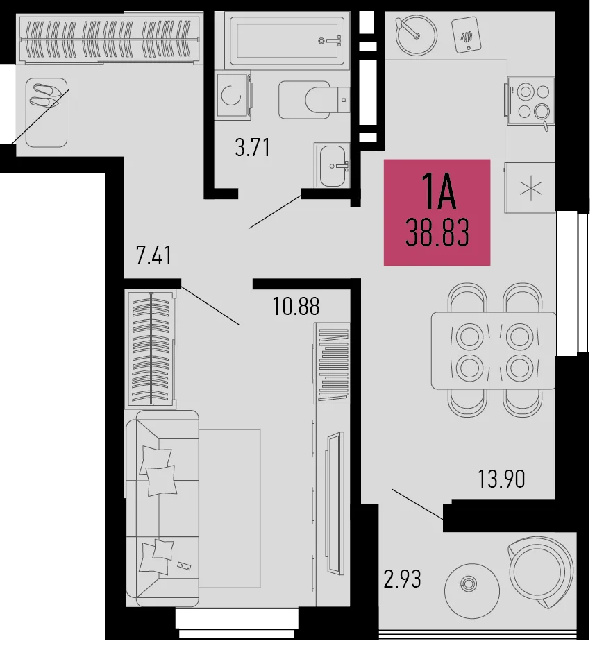 Планировка 1-комн. квартира, 38.83 м² ЖК «Столицыно»