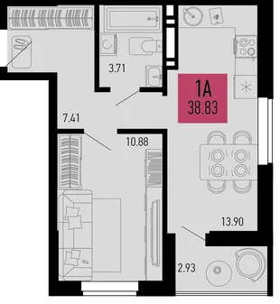 Планировка 1-комн. квартира, 38.83 м² ЖК «Столицыно»