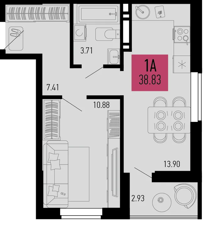 Планировка 1-комн. квартира, 38.83 м² ЖК «Столицыно» Планировка 1-комн. квартира, 38.83 м² ЖК «Столицыно»