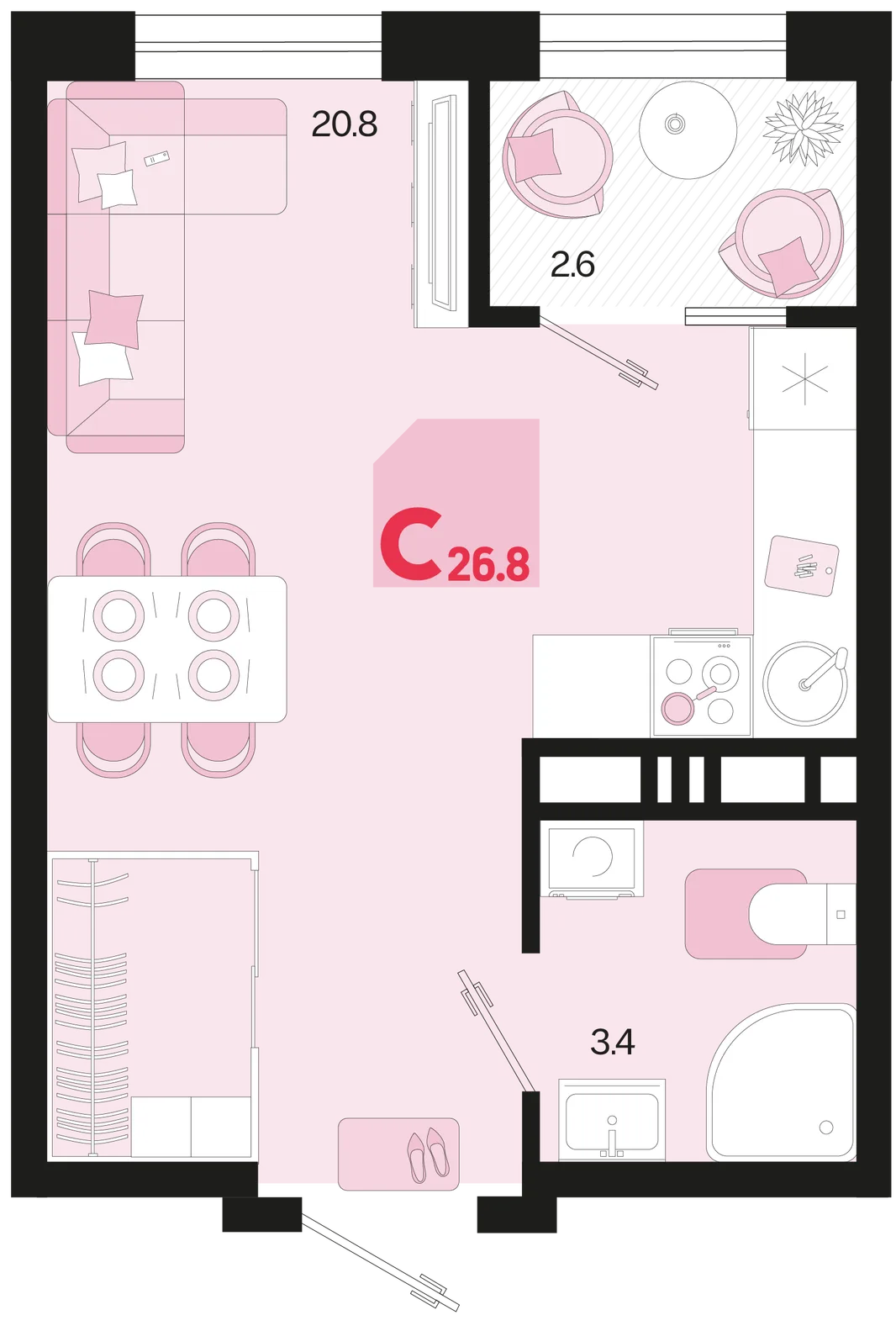 Планировка Студия, 26.8 м² ЖК «Первое место»