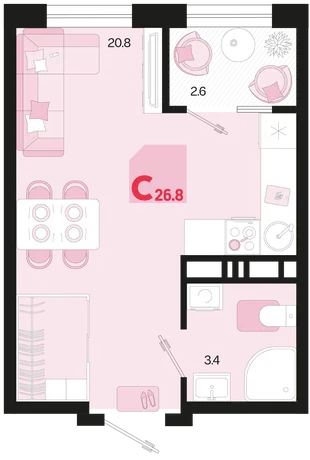 Планировка Студия, 26.8 м² ЖК «Первое место»