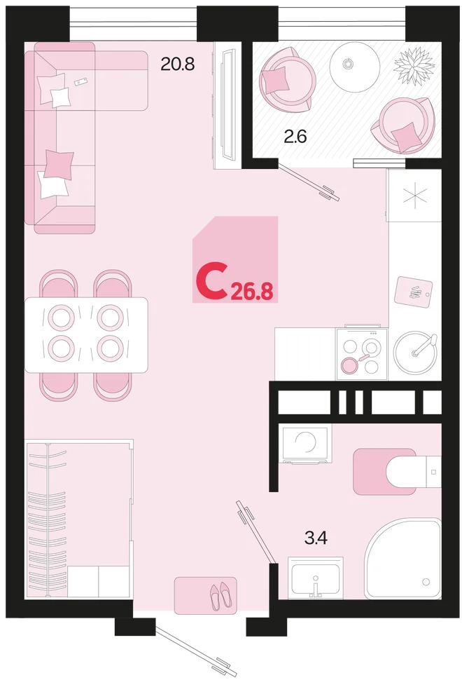 Планировка Студия, 26.8 м² ЖК «Первое место» Планировка Студия, 26.8 м² ЖК «Первое место»