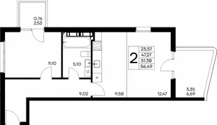 Планировка 2-комн. квартира, 56.49 м² ЖК «Розовое озеро»