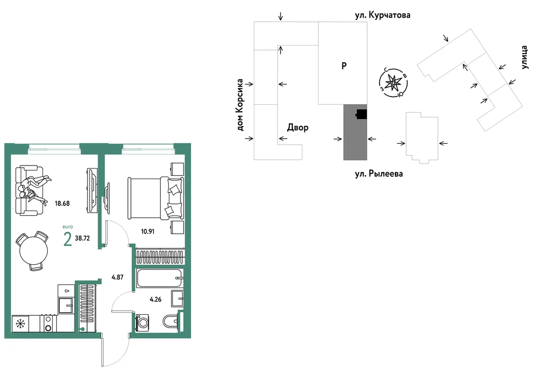Планировка 2-комн. квартира, 38.68 м² ЖК «Остров-сад»