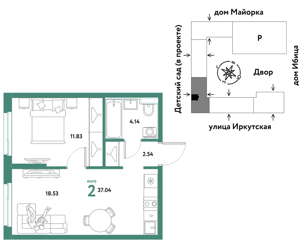 Планировка 2-комн. квартира, 37.04 м² ЖК «Остров-сад»