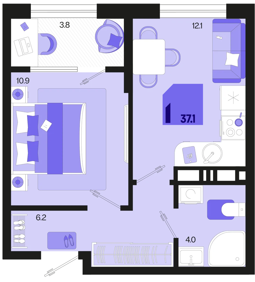 Планировка 1-комн. квартира, 37.1 м² ЖК «Первое место»