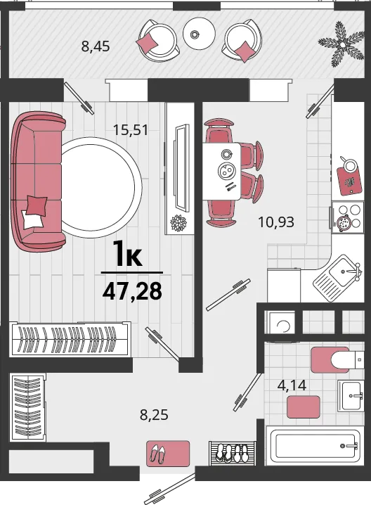 Планировка 1-комн. квартира, 47.28 м² ЖК «Родные просторы»