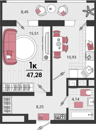 Планировка 1-комн. квартира, 47.28 м² ЖК «Родные просторы»