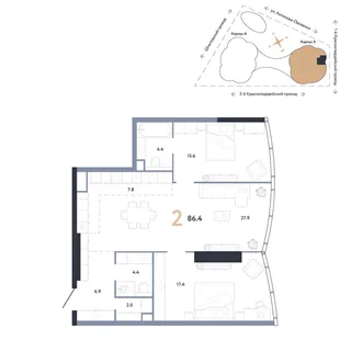 Планировка 2-комн. квартира, 86.4 м² ЖК «АУРУС Резиденции»