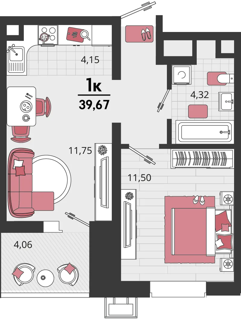 Планировка 2-комн. квартира, 39.67 м² ЖК «Родные просторы»