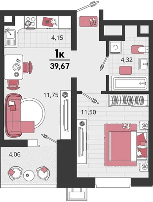 Планировка 2-комн. квартира, 39.67 м² ЖК «Родные просторы»