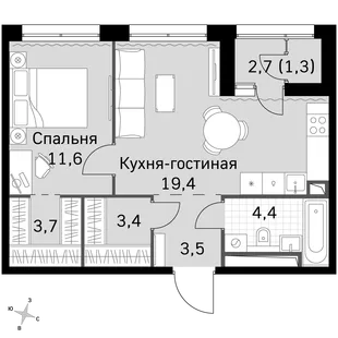Квартира 1-комн. квартира, 47.3 м² ЖК «Sky Garden» Фото 1