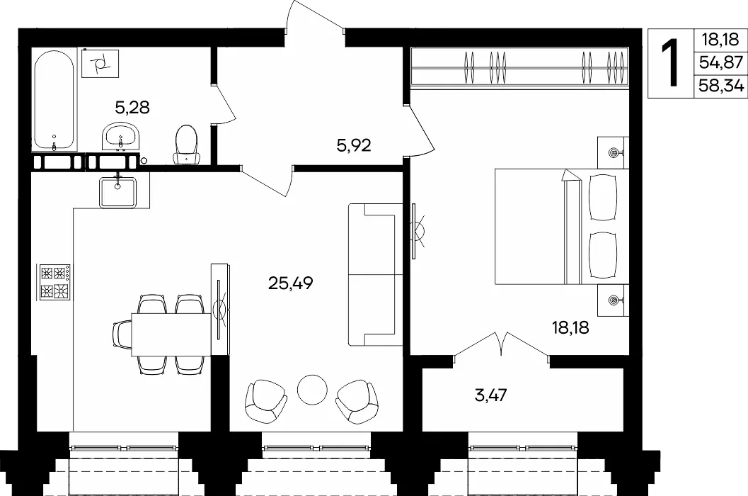 Планировка 1-комн. квартира, 58.34 м² ЖК «Семисчастье»