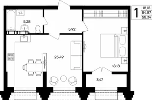 Планировка 1-комн. квартира, 58.34 м² ЖК «Семисчастье»