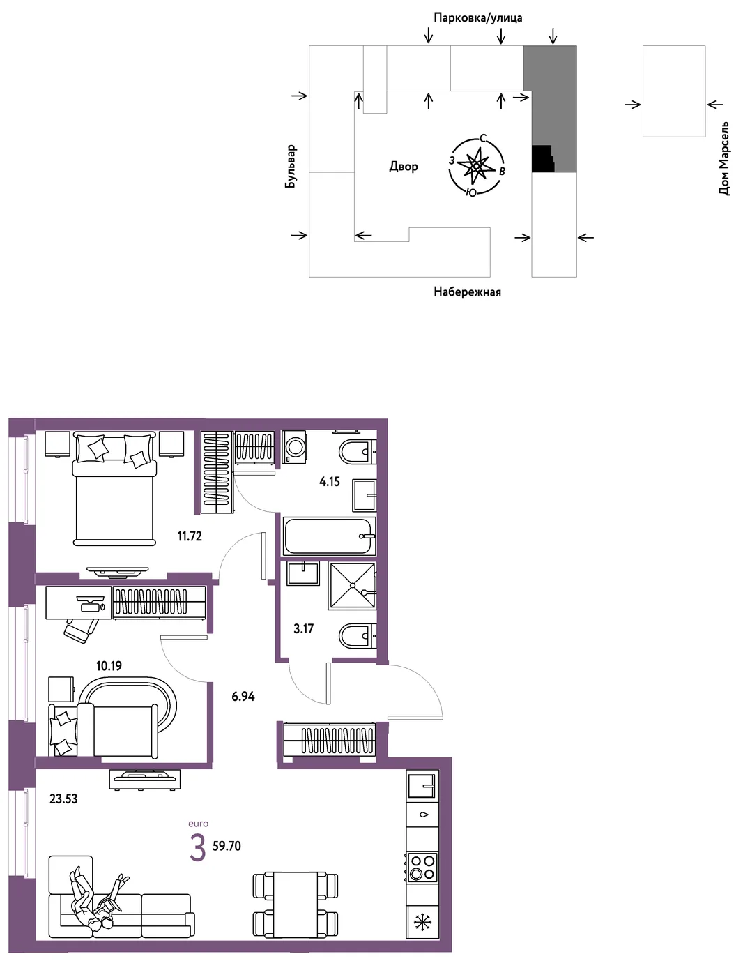 Планировка 3-комн. квартира, 59.7 м² ЖК «Европейский берег 2.0»
