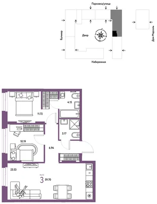 Планировка 3-комн. квартира, 59.7 м² ЖК «Европейский берег 2.0»