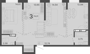 Планировка 3-комн. квартира, 74.21 м² ЖК «Светский лес»