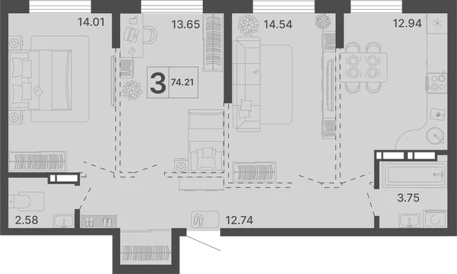 Планировка 3-комн. квартира, 74.21 м² ЖК «Светский лес»