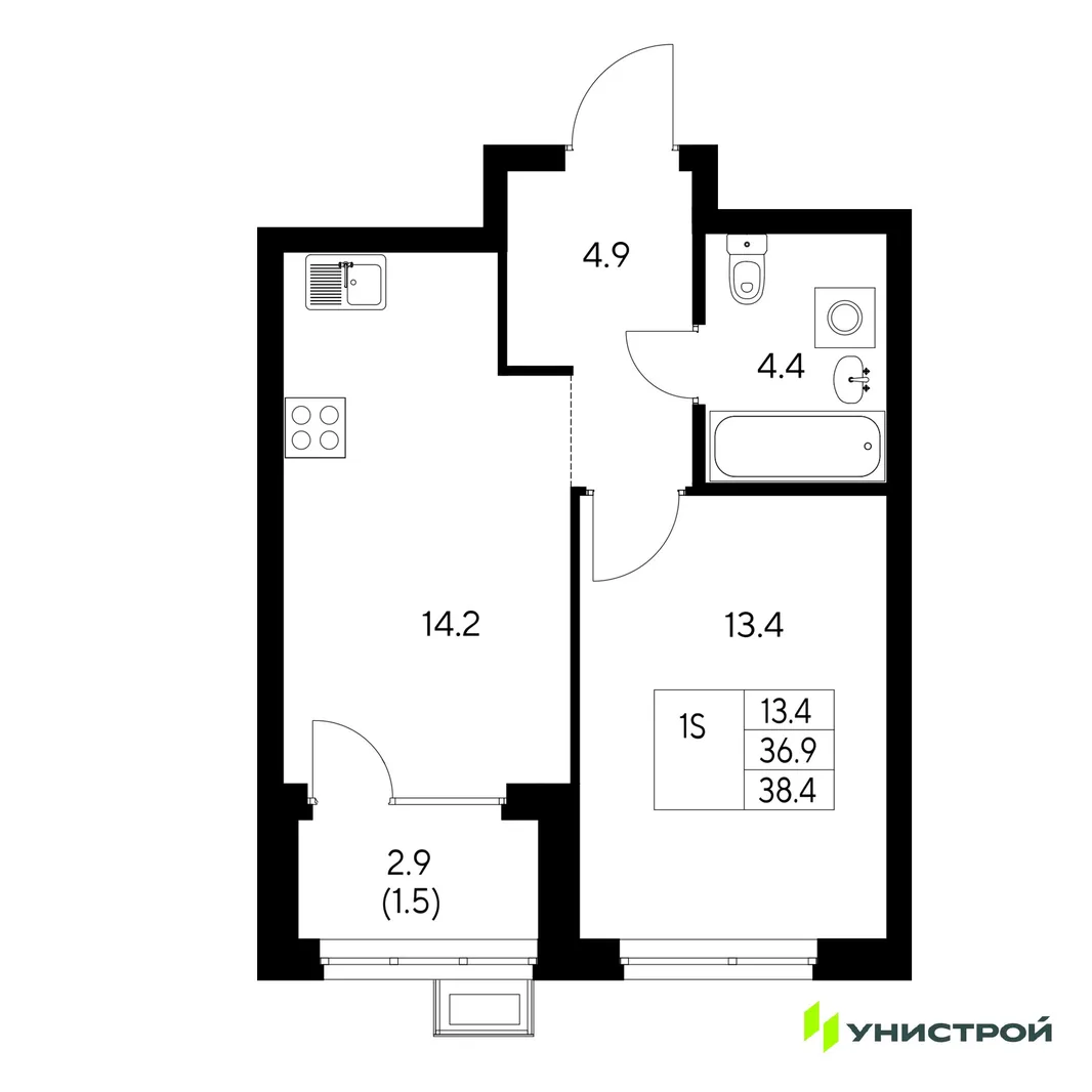 Планировка 1-комн. квартира, 38.4 м² ЖК «Стадиум»