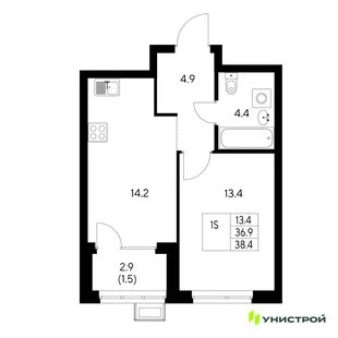 Планировка 1-комн. квартира, 38.4 м² ЖК «Стадиум»