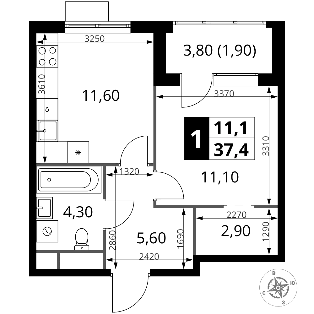 Планировка 1-комн. квартира, 37.4 м² ЖК «1-й Химкинский»