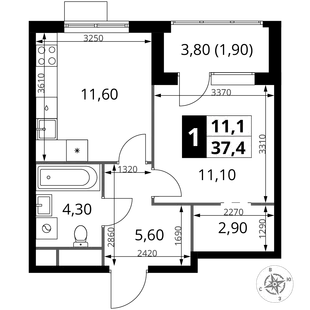 Планировка 1-комн. квартира, 37.4 м² ЖК «1-й Химкинский»
