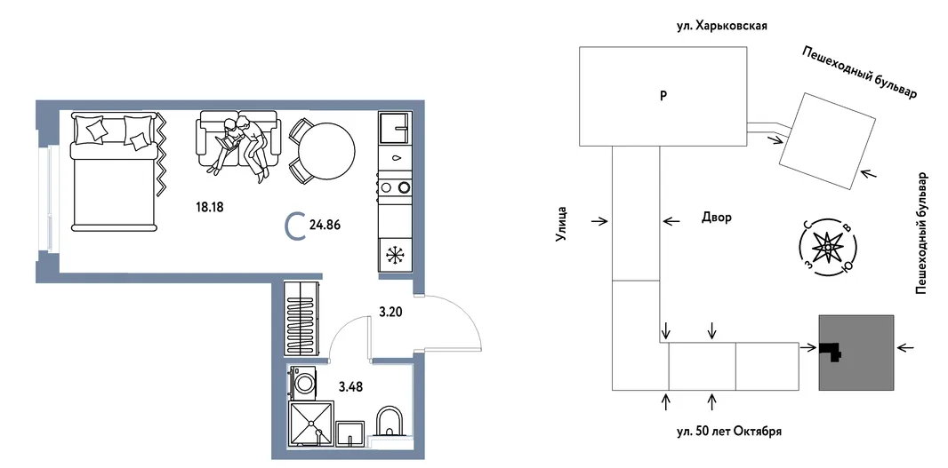 Планировка Студия, 24.86 м² ЖК «Сердце Сибири»