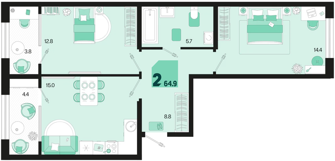 Планировка 2-комн. квартира, 64.9 м² ЖК «Первое место»