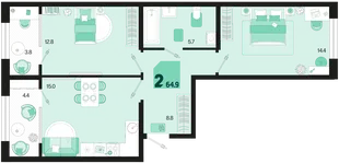 Планировка 2-комн. квартира, 64.9 м² ЖК «Первое место»