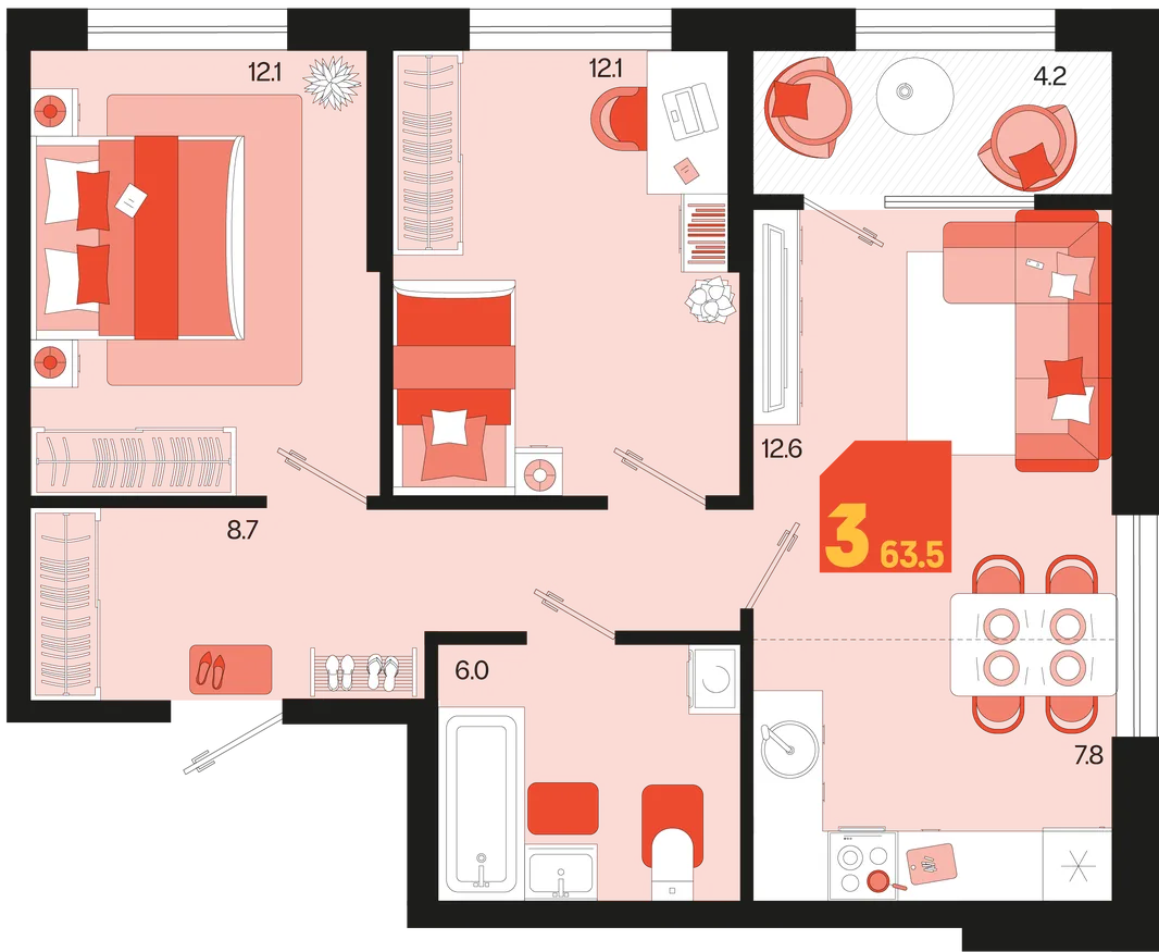 Планировка 3-комн. квартира, 63.5 м² ЖК «Первое место»