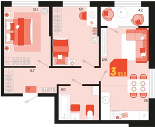 Планировка 3-комн. квартира, 63.5 м² ЖК «Первое место»