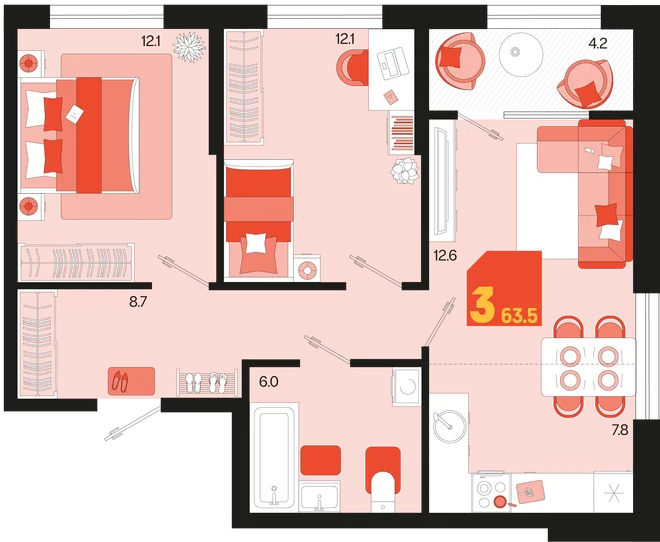Планировка 3-комн. квартира, 63.5 м² ЖК «Первое место» Планировка 3-комн. квартира, 63.5 м² ЖК «Первое место»