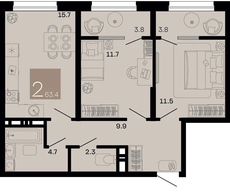 Планировка 2-комн. квартира, 63.4 м² ЖК «Хозяин морей»