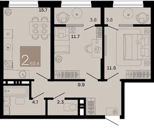 Планировка 2-комн. квартира, 63.4 м² ЖК «Хозяин морей»