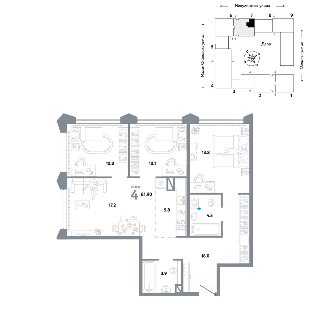 Планировка 4-комн. квартира, 81.9 м² ЖК «Страна.Озёрная»