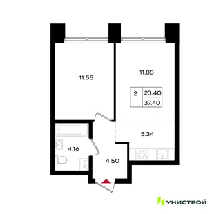 Планировка 2-комн. квартира, 37.4 м² ЖК «Уникум на Энгельса»