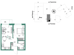 Планировка 2-комн. квартира, 39.36 м² ЖК «Остров-сад»