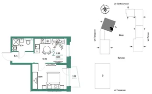 Планировка 2-комн. квартира, 31.93 м² ЖК «Уральский сад»