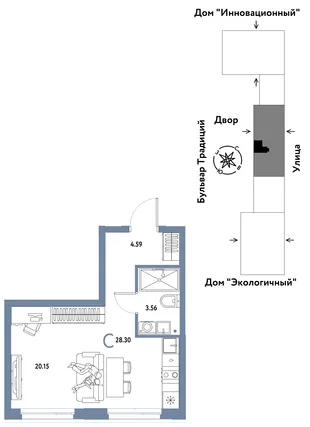 Планировка Студия, 28.3 м² ЖК «Микрорайон Домашний»
