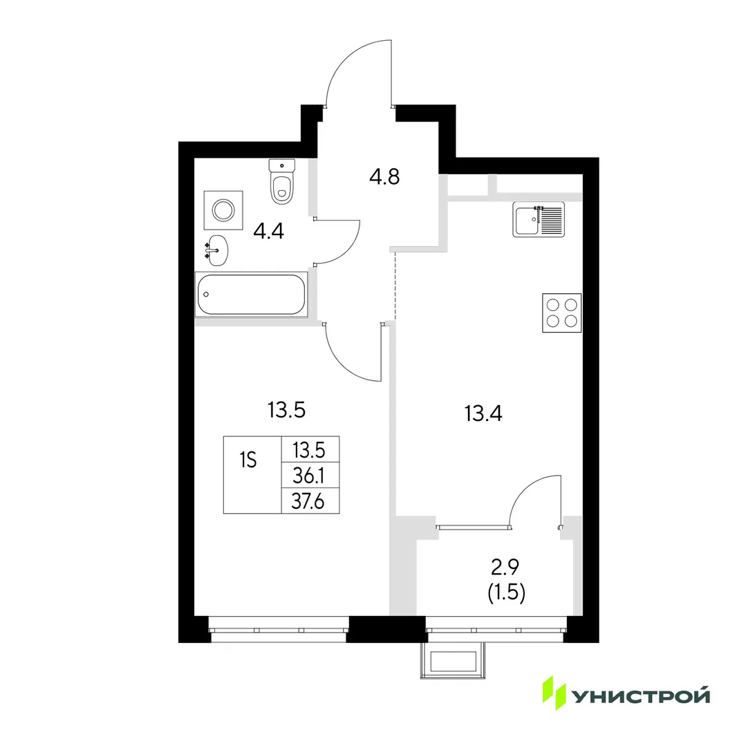 Планировка 1-комн. квартира, 37.6 м² ЖК «Стадиум»