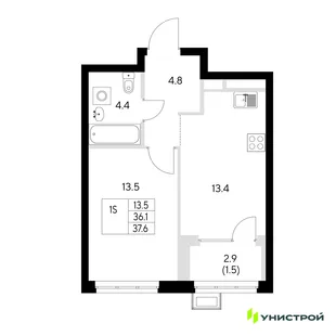 Планировка 1-комн. квартира, 37.6 м² ЖК «Стадиум»