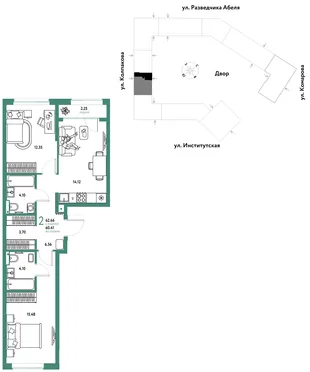 Планировка 2-комн. квартира, 62.66 м² ЖК «Страна.Парковая»