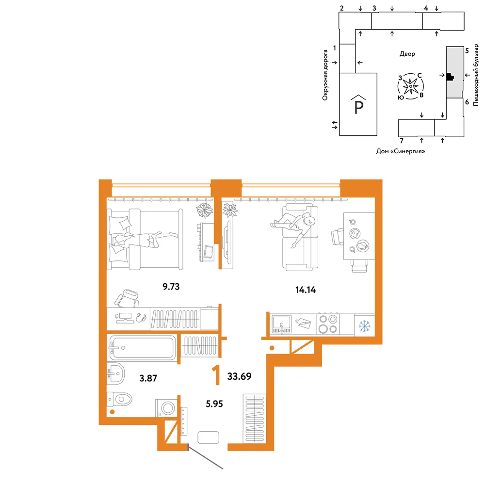 Планировка 1-комн. квартира, 33.69 м² ЖК «Юнион»