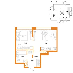 Планировка 1-комн. квартира, 33.69 м² ЖК «Юнион»