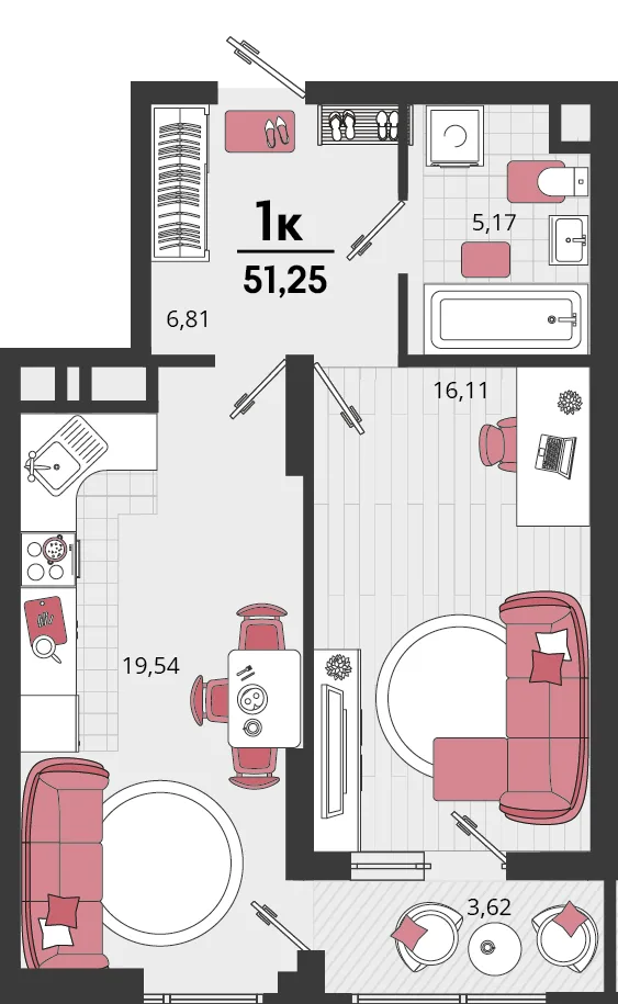 Планировка 1-комн. квартира, 51.25 м² ЖК «Родные просторы»