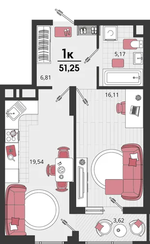 Планировка 1-комн. квартира, 51.25 м² ЖК «Родные просторы»