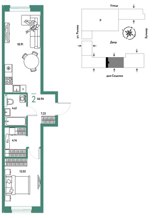 Планировка 2-комн. квартира, 46.94 м² ЖК «Остров-сад»