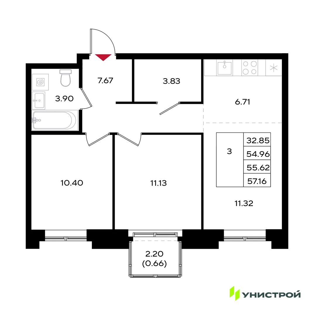 Планировка 3-комн. квартира, 55.62 м² ЖК «Уникум на Энгельса»