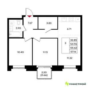 Планировка 3-комн. квартира, 55.62 м² ЖК «Уникум на Энгельса»